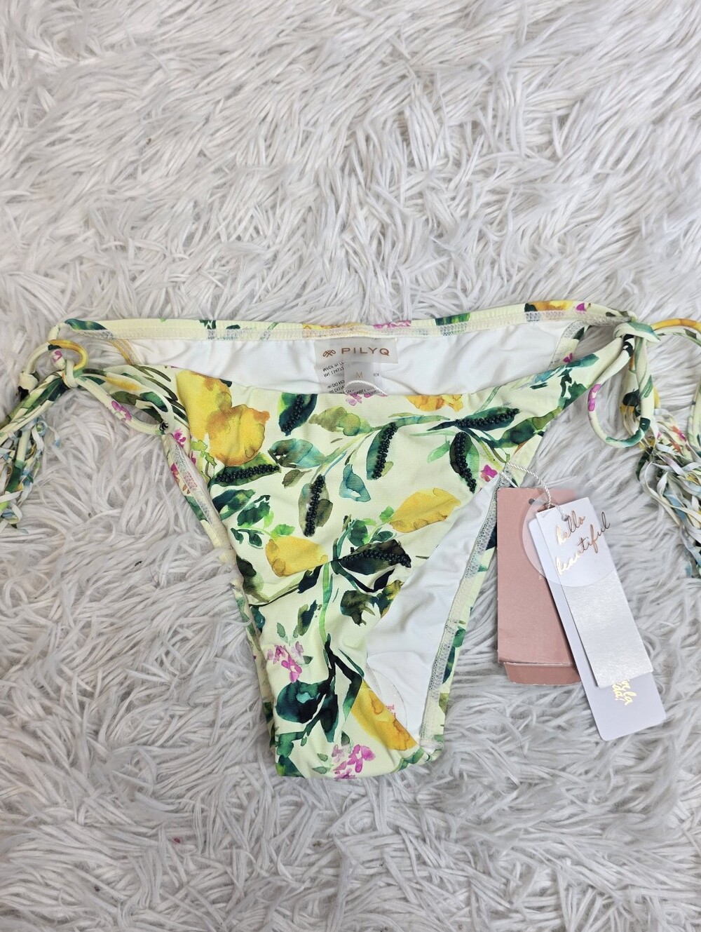 Pilyq Green and Yellow Floral Bikini Bottoms with Beaded Detail Sz M